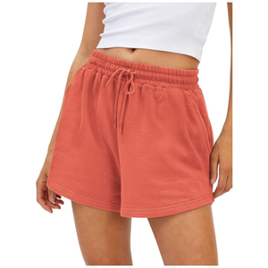 Shorts pour femmes en tricot corail uni, taille mi-haute, cordon de serrage, poches élastiques, décontracté, respirant, coupe régulière, pour l'été, ODM - Product Image 1