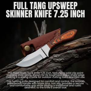 Cuchillo de desollar de acero inoxidable con hoja biselada fija de grado industrial, mango de madera Pakka, funda de cuero, OEM, espiga completa, para bushcraft y camping - Product Image 5