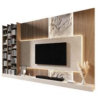Solution murale TV sur mesure KEJIA avec panneaux à lattes intégrés et hub de rangement suspendu pour les aménagements intérieurs contemporains