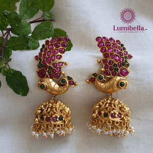 Ruby Embellished Peacock Jhumka Fine Dangle Earrings - Product Image 3
