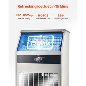 Commercial Kitchen Equipment 440lbs/24H <b>Ice</b> <b>Maker</b> <b>Machine</b> 130lbs Storage Capacity 160 <b>Ice</b> <b>Cubes</b> 15 Minutes LED Digit Display - Product Image 2
