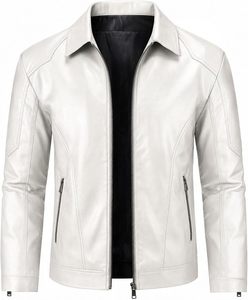 Chaqueta de Motociclista de Cuero Blanca para Hombre, Cuello Camisero, Cierre de Cremallera, Corte Ajustado, Manga Regular, Estilo Invernal, Bolsillo Delantero, Vintage - Product Image 3