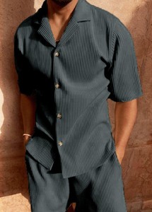 Conjunto de Camisa de Manga Corta a Rayas y Pantalones Amarillos para Hombre, Atuendo Casual de Verano, Cuello Camisero, Traje de Dos Piezas con Patrón Tejido - Product Image 6