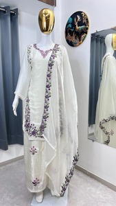 Indian Boutique Designer <b>Embroidered</b> Chinon Top With Palazzo And Dupatta Set For Women Traditional Indian Wedding Party Wear USA - Product Image 4