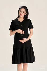 Vestido de Maternidad B2 MUM V1545 de Verano, Manga Corta, Tela Elástica Acanalada, Doble Capa, Dobladillo Cortavientos, Botones Florales Delicados - Product Image 3