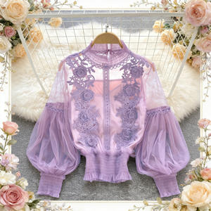 Oferta especial en Temu: Blusa elegante de encaje morado con bordado y malla para mujer, cuello alto, manga abullonada, top transparente. - Product Image 4