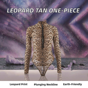 Maillot de bain une pièce pour femme, imprimé léopard, col licou, manches longues, fermeture éclair sur le devant, bas string, extensible, en polyester - Product Image 5