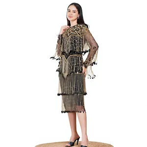 Vintage Beaded Tassel Tea-Length Gown O-Neck Full Sleeve Sheath <b>Dress</b> Organza Geometric Pattern Knee-Length Evening <b>Dress</b> - Product Image 5