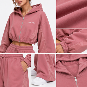 Ensemble de survêtement ONE APEX pour femme, rose poudré, avec sweat à capuche court et pantalon large en coton premium, séchage rapide, style streetwear - Product Image 4