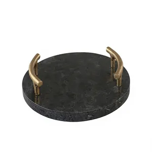 Plateau de service rond en marbre vert avec poignée dorée, plateau décoratif, plateau à fruits, organisateur de table basse pour la maison - Product Image 1