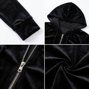 <b>Women's</b> Black <b>Velvet</b> Hooded <b>Tracksuit</b> Set Full Sleeve Zipper Front Glitter Angel Print Casual Loose Fit Autumn Wear - Product Image 6