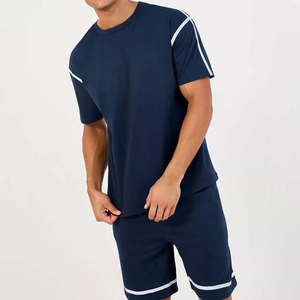 Ensemble T-shirt et short pour homme bleu marine à manches courtes avec bordure contrastante blanche, coupe oversize, style streetwear, tricoté 100% coton, délavé à l'acide - Product Image 5