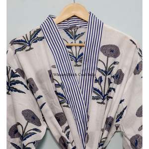 Nuevo Kimono de Algodón Estampado a Mano para Mujer con Cinturón, Ligero, Estilo Boho, para Usar como Ropa de Dormir o para el Verano - Product Image 5