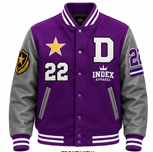 Chaqueta Varsity Morada Bordada para Hombre de Index Apparel, con Bloques de Color en las Mangas y Botones a Presión, Estilo Béisbol - Product Image 1