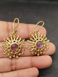 <b>Beautiful</b> Natural Fancy Shape Amehyst Gemstone Brass <b>Earrings</b>, Indian Gold Plated Brass Jewelry - Product Image 1