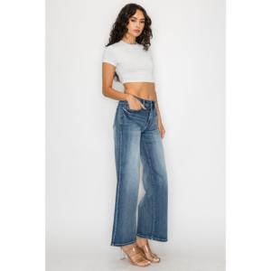 Jean en denim bleu foncé respirant, décontracté, taille haute, coupe évasée, grande taille, pour silhouettes généreuses - Product Image 1