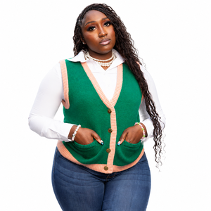 Women's Green Knit Sleeveless <b>Cardigan</b> Contrast Color <b>Button</b> Front V-Neck Casual Top Regular Length Solid Pattern - Product Image 1