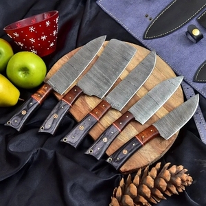 Handmade Damascus Steel Chef <b>Knife</b> <b>Set</b> 5 Pieces Razor <b>Sharp</b> High Carbon Forged with Customizable Wholesale Leather Roll - Product Image 4