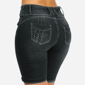 Short en jean taille haute pour femme, couleur unie, boutonnage frontal, délavage foncé, coupe skinny décontractée, tissu extensible, longueur courte, été 2026 - Product Image 6