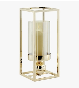 Porte-bougie moderne en métal doré avec cage, accent sphérique et insert cylindrique en verre pour une décoration de table chic - Product Image 1