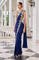 Sari prêt-à-porter moderne en faux georgette avec broderie miroir authentique, conçu par un créateur, pré-cousu, infroissable, en matériaux recyclés, réversible, résistant au soleil