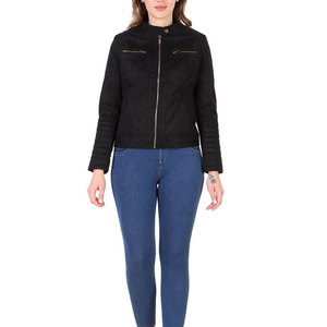 Women's Black <b>Suede</b> Moto <b>Jacket</b> With Zipper Closure Stand Collar Full Sleeve Autumn Style - Product Image 5