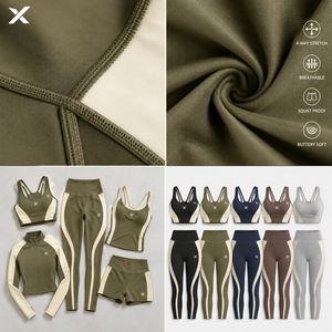 Ensemble de yoga 5 pièces pour femme X Sports City, dos nageur, taille haute, longueur intégrale, sans couture, couleur unie, tenue d'entraînement avec bande latérale, OEM - Product Image 5