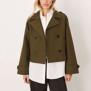 <b>Women's</b> Olive Green Double <b>Breasted</b> Trench <b>Coat</b> Crop Length Full Sleeve Solid Color Casual Outerwear Woven Polyester - Product Image 1