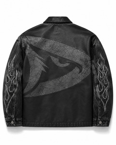 Men's Black PU Leather <b>Biker</b> <b>Jacket</b> With Embossed Flame Design And Zipper Closure - Product Image 2