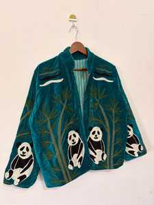 Veste en velours de jardinage fantaisiste motif panda, broderie complexe Suzani, manteau vert sarcelle, vêtement d'extérieur bohème botanique audacieux - Product Image 3