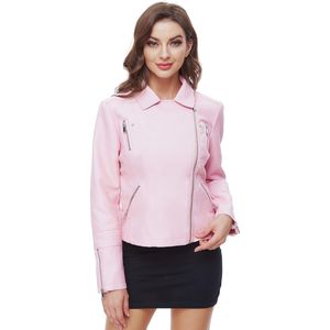 เสื้อแจ็คเก็ตมอเตอร์ไซค์ PU สีชมพู มีซิปปิด คอปกพับได้ ทรงเข้ารูป ความยาวสั้น ใส่ได้ทั้งชายและหญิง เหมาะสำหรับฤดูใบไม้ร่วง - Product Image 4