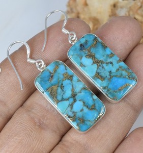 Wholesale Natural Blue Copper Turquoise <b>Earrings</b> 925 Sterling <b>Silver</b> Handmade Rectangle Copper Turquoise Drop <b>Dangle</b> <b>Earrings</b> - Product Image 3