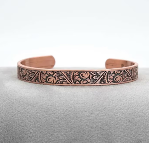 Premium Pure Copper <b>Engraved</b> Vintage Floral Scrollwork Pattern Cuff <b>Bangle</b> Adjustable Open Thin Wristband Solid Pure Metal - Product Image 5