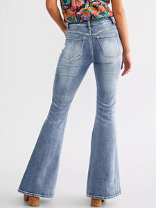 Jean évasé taille haute pour femme, bleu clair délavé, en denim, avec fermeture boutonnée, longueur intégrale, pantalon décontracté d'été - Product Image 2