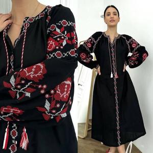 Vestido Premium Bordado de Ucrania para Mujer, Corte en A, Bordado Hecho a Mano, Diseño Vintage, Cintura Natural, 100% Algodón, Largo hasta el Tobillo, Negro - Product Image 4