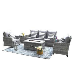 Gray Wicker Outdoor Furniture Set Garden Conversation Sofa with <b>Firepit</b> <b>Table</b> Model D0100H784H2 for Outdoor Entertaining - Product Image 1