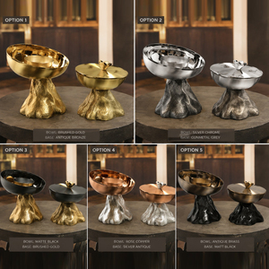 Ensemble élégant de brûleurs d'encens en métal doré avec un design de bol moderne et un récipient à couvercle sur des bases uniques en écorce d'arbre pour les arômes - Product Image 5