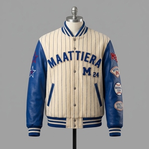<b>Mens</b> <b>Cream</b> Blue Leather Sleeve <b>Jacket</b> Custom Baseball Pinstripe Streetwear Snap Button Bomber <b>Jacket</b> Premium Custom - Product Image 3