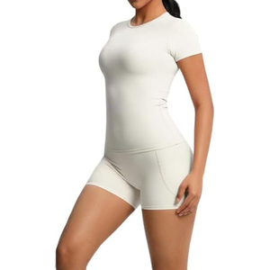 Conjunto Deportivo de 2 Piezas para Mujer, Top de Yoga sin Costuras de Cuello Redondo y Manga Corta, Shorts de Cintura Alta, Color Sólido, Spandex y Algodón - Product Image 3