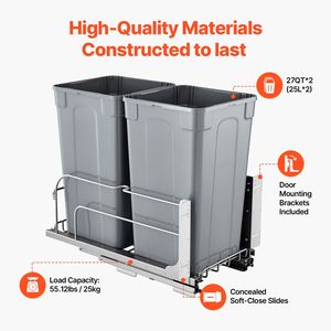 Set di contenitori per rifiuti da cucina a doppio scomparto da 27 QT con capacità intelligente di 30L e kit porta per bidone della spazzatura resistente - Product Image 3