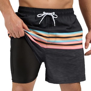 Shorts de bain rayés à séchage rapide pour hommes, doublés à deux couches, avec cordon de serrage, vente en gros OEM, vêtements d'été - Product Image 6