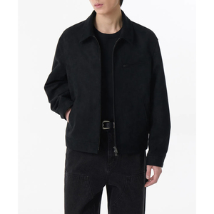 <b>Men's</b> Black <b>Suede</b> Racer <b>Jacket</b> Turn-down Collar Zipper Closure Casual Autumn Wear Regular Fit Solid Color - Product Image 1