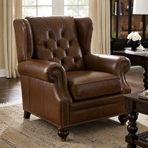 Sillón Chesterfield de Cuero Genuino Marrón con Respaldo Acolchado y Brazos Enrollados, Sillón de Cuero Tradicional para Sala de Estar - Product Image 1
