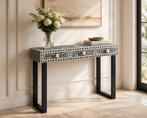 Bone Inlay <b>Console</b> <b>Table</b> Metal Legs Antique Midcentury Entryway Living Room Accent <b>Table</b> <b>for</b> Hotel Apartment - Product Image 2