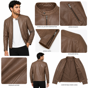 Veste en cuir pour homme, col montant, design classique, coutures robustes, doublure intérieure chaude, réversible, coupe confortable pour les voyages et les activités de plein air - Product Image 2