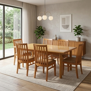 Solid Teak Wood <b>Dining</b> Table <b>Set</b> <b>6</b> Slat Back <b>Chairs</b> Rectangular Modern Minimalist Kitchen Furniture Cushioned Seating Suite - Product Image 4