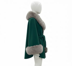 Women Green Wool Blend <b>Coat</b> with Faux Fur Collar Cuffs Belted Winter Fashion Warm Elegant Ladies Overcoat OEM Wholesale Boutique - Product Image 6