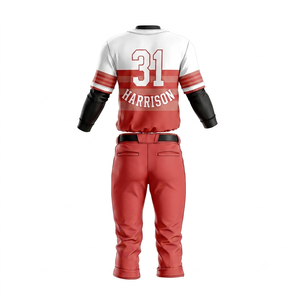 Ensemble d'uniformes de baseball personnalisés pour hommes, maillot et pantalon rayés rouge et blanc sublimés, respirants, manches longues, fermeture boutonnée, toutes saisons - Product Image 2