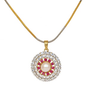 Gold Plated <b>Ruby</b> CZ Pendant Set Water Pearl Centerpiece <b>Necklace</b> with Earrings Traditional Indian Bridal Jewelry Gift for Her - Product Image 2