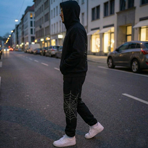 Ensemble de survêtement deux pièces pour homme, personnalisé OEM, en molleton épais, avec pantalon de survêtement orné de strass et sweat à capuche imprimé. - Product Image 3